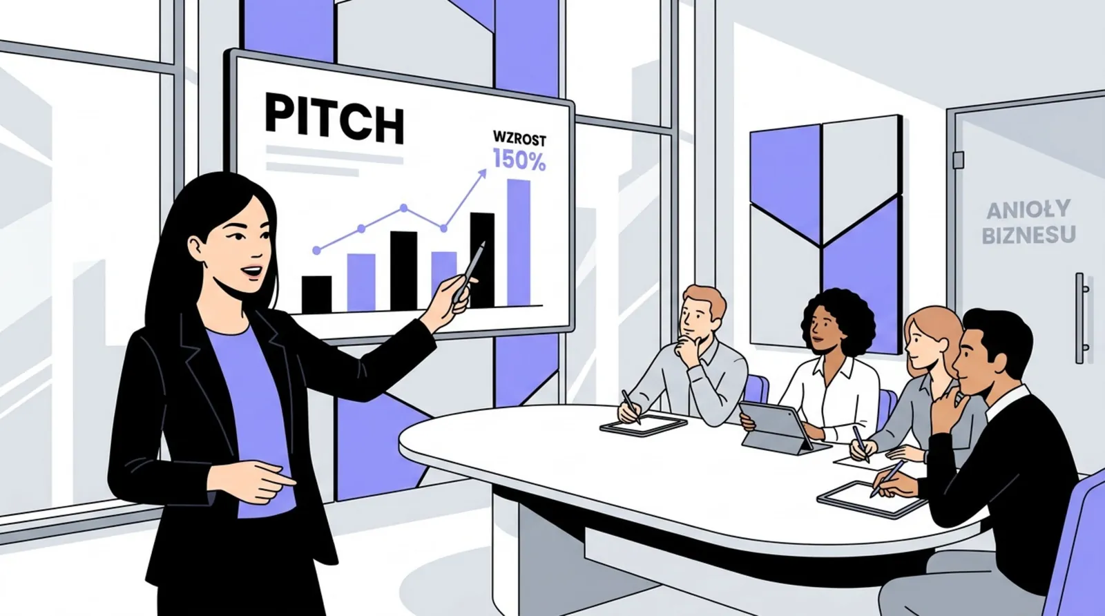 Founderka prezentuje pitch z wykresem wzrostu 150% przed grupą aniołów biznesu w sali konferencyjnej