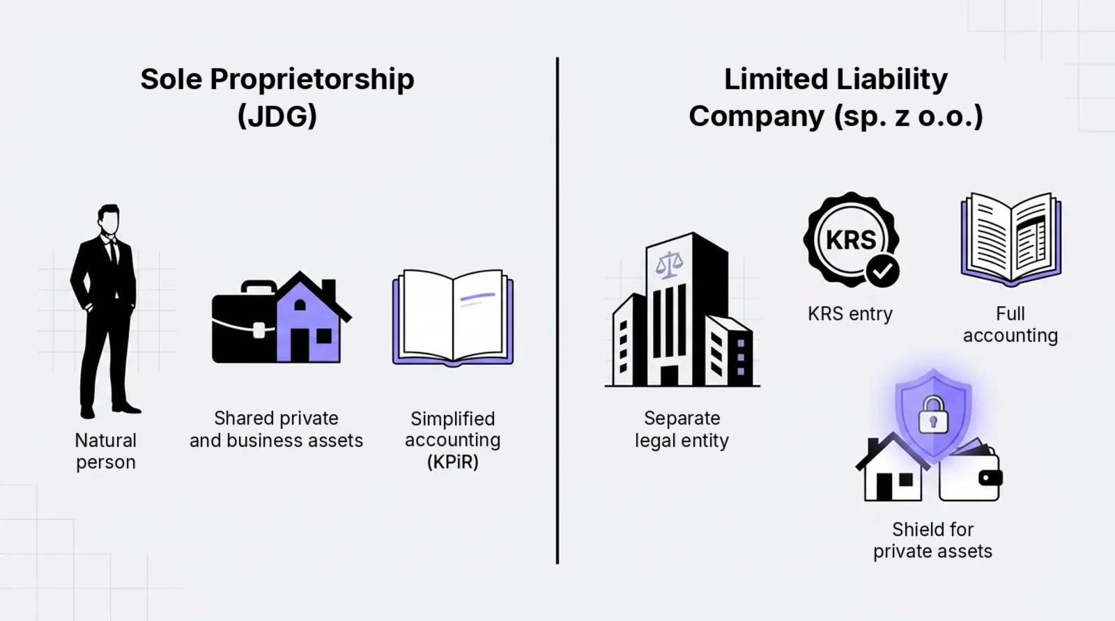 JDG vs sp. z o.o.: a natural person with shared assets vs a separate legal entity in KRS that shields private assets