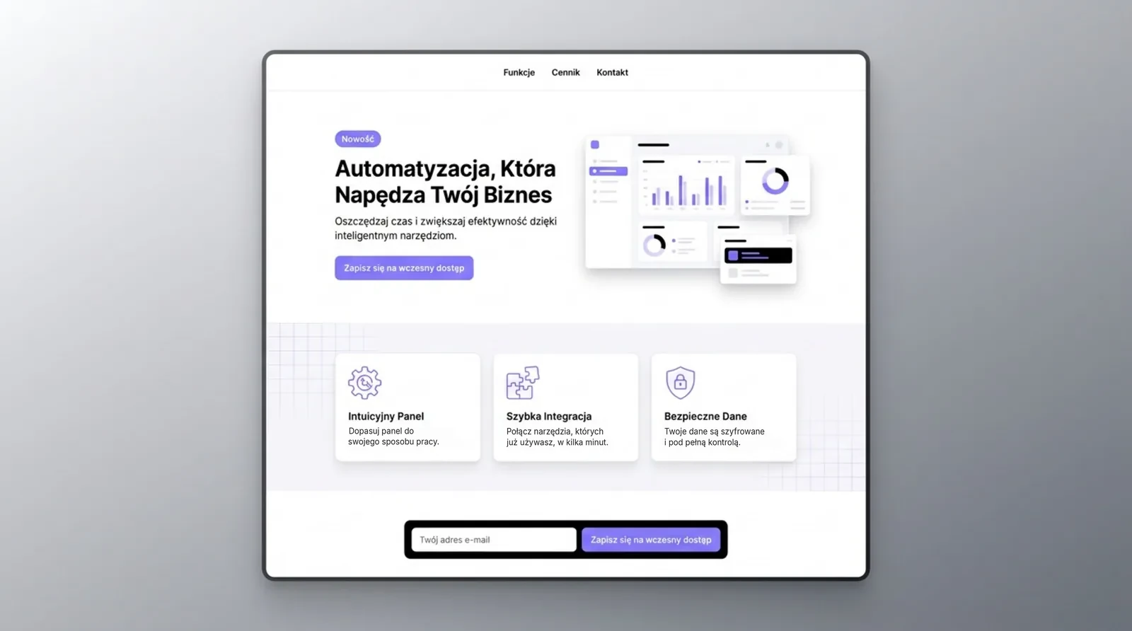 Przykładowy landing page MVP z formularzem zapisu na wczesny dostęp do narzędzia do automatyzacji