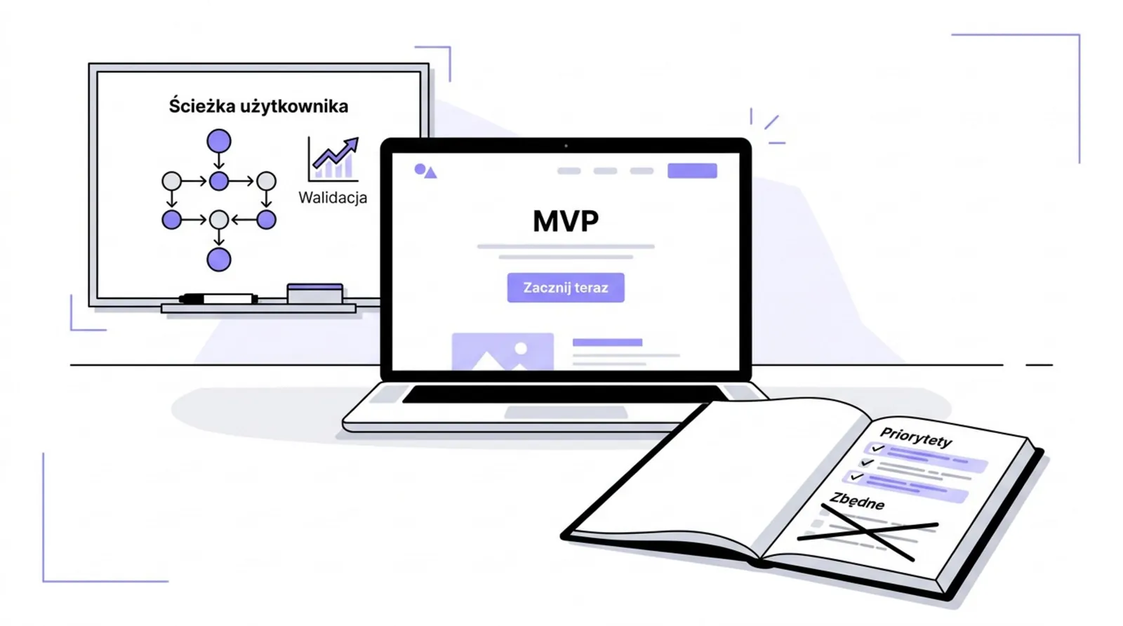 Laptop z ekranem MVP, tablica ze ścieżką użytkownika i walidacją oraz notes z listą priorytetów i zbędnych funkcji