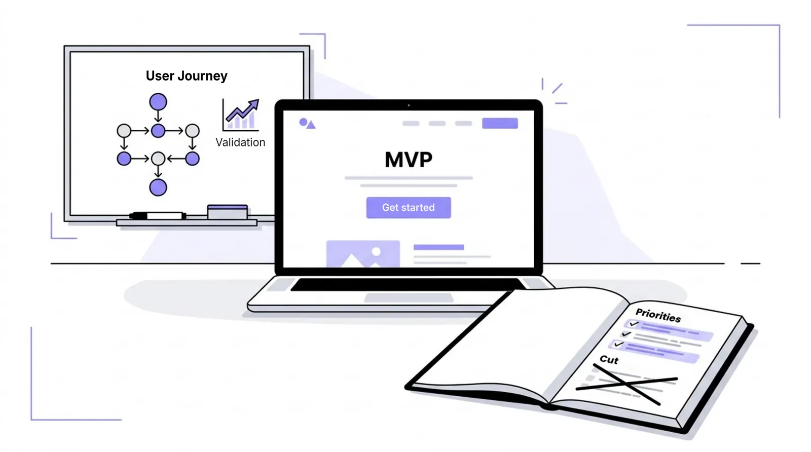 Laptop with an MVP screen, a whiteboard with a user journey and validation, and a notebook of priorities and cut features