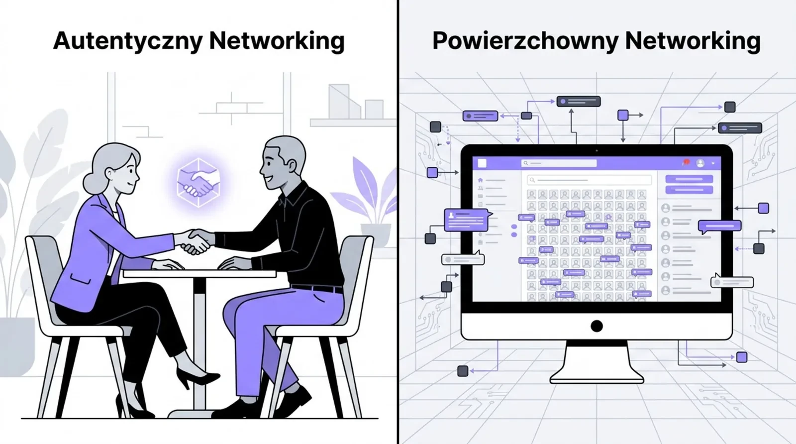 Porównanie autentycznego networkingu przy wspólnym stole z powierzchownym networkingiem przez masowe wiadomości online