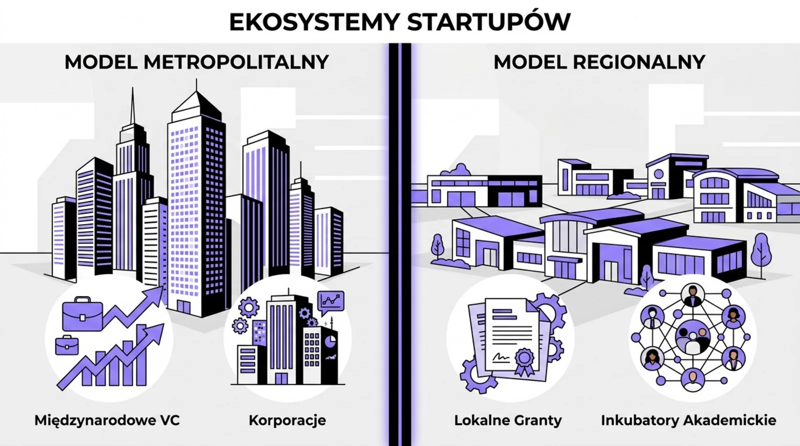 Ilustracja dwóch modeli ekosystemu: metropolitalny z VC i korporacjami oraz regionalny z grantami i inkubatorami akademickimi