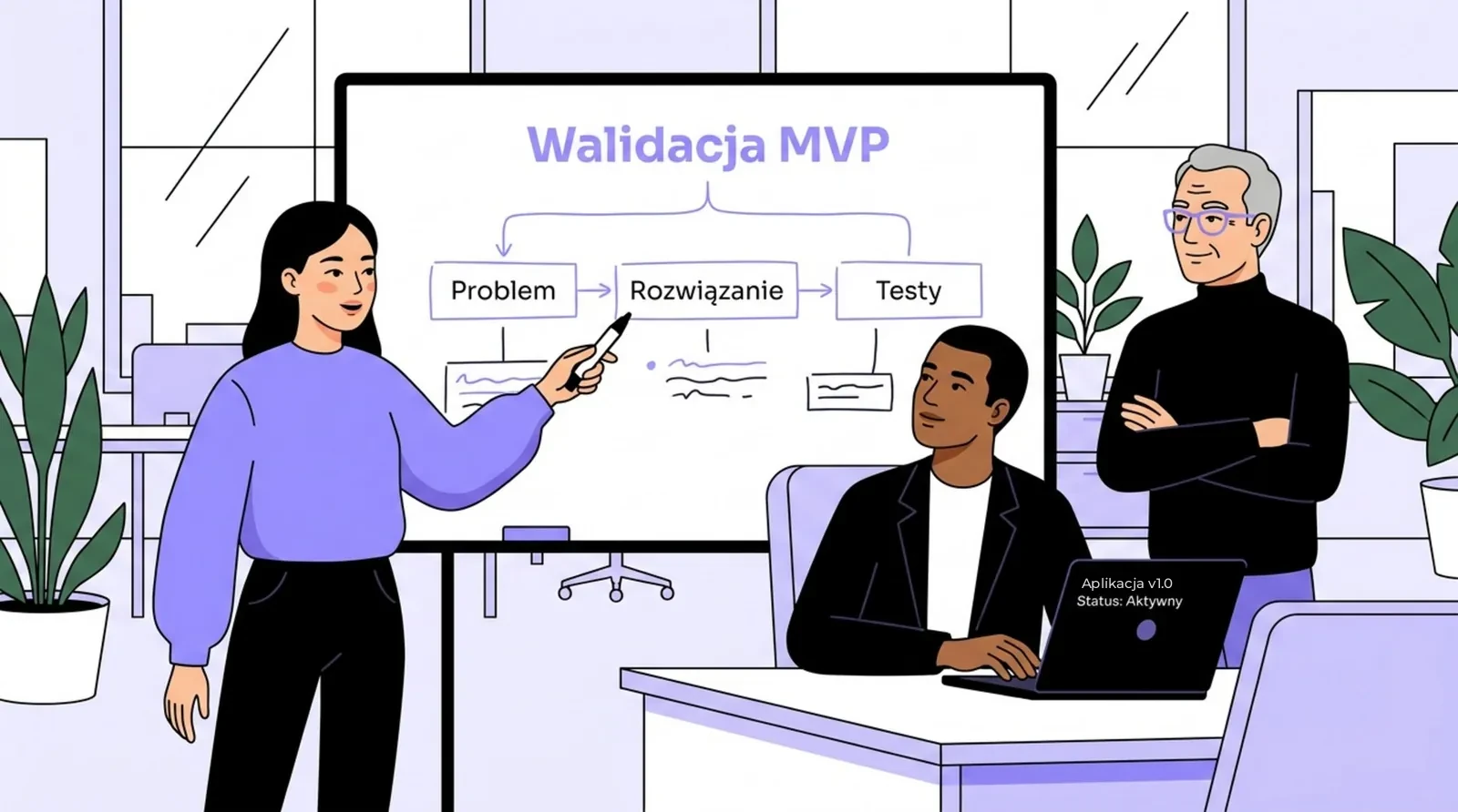 Founderka omawia walidację MVP na tablicy (problem, rozwiązanie, testy) przed dwiema osobami z zespołu