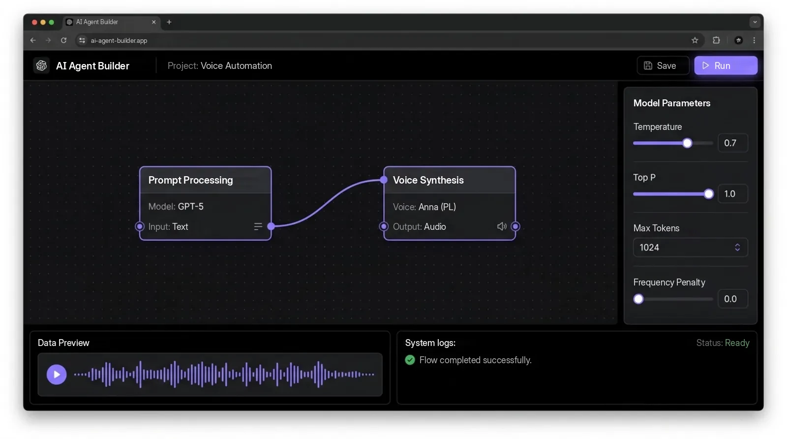 AI agent builder connecting prompt processing with voice synthesis, with a model parameters panel and an audio preview