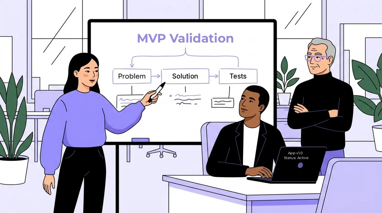 Founder discusses MVP validation on a whiteboard (problem, solution, tests) in front of two team members