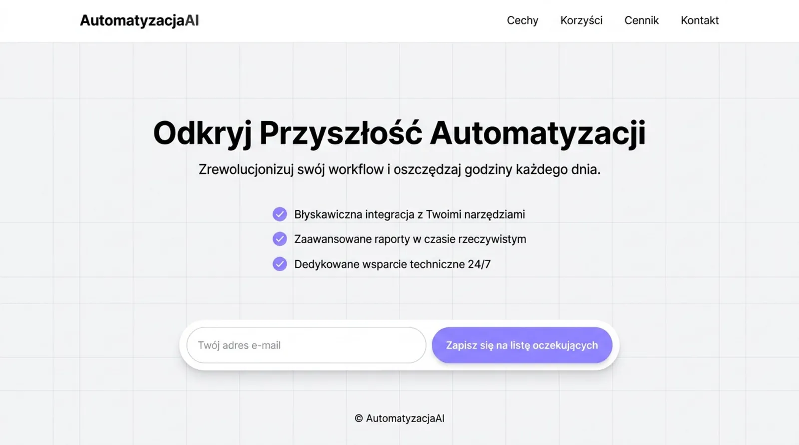 Przykładowy landing page w teście Fake Door z formularzem zapisu na listę oczekujących