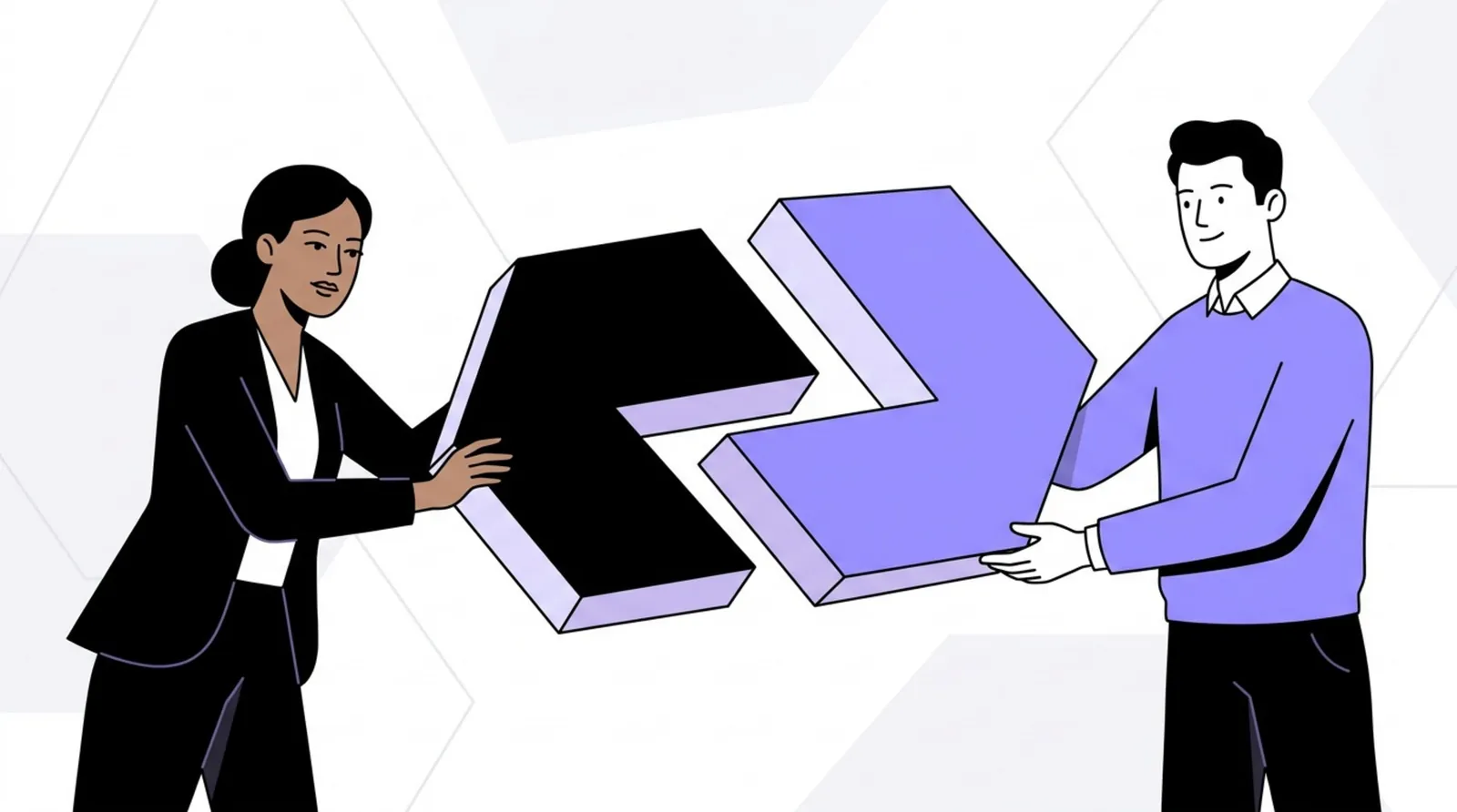 Two people fitting together puzzle pieces, symbolising the complementary skills of co-founders