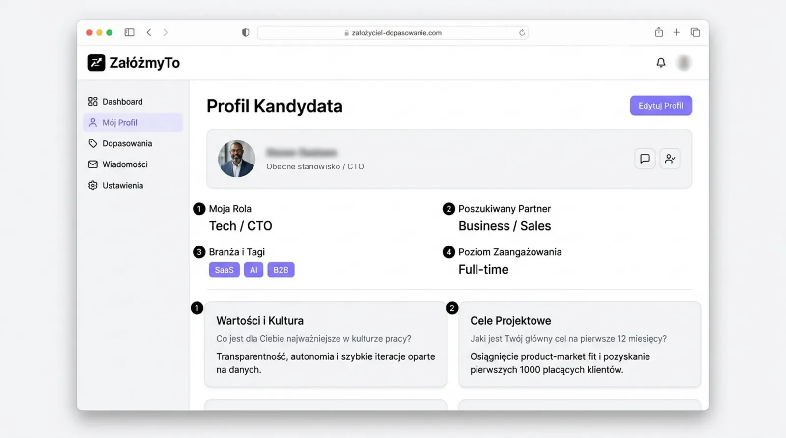 Przykładowy profil kandydata na platformie kojarzącej współzałożycieli: rola CTO, poszukiwany partner biznesowy, full-time