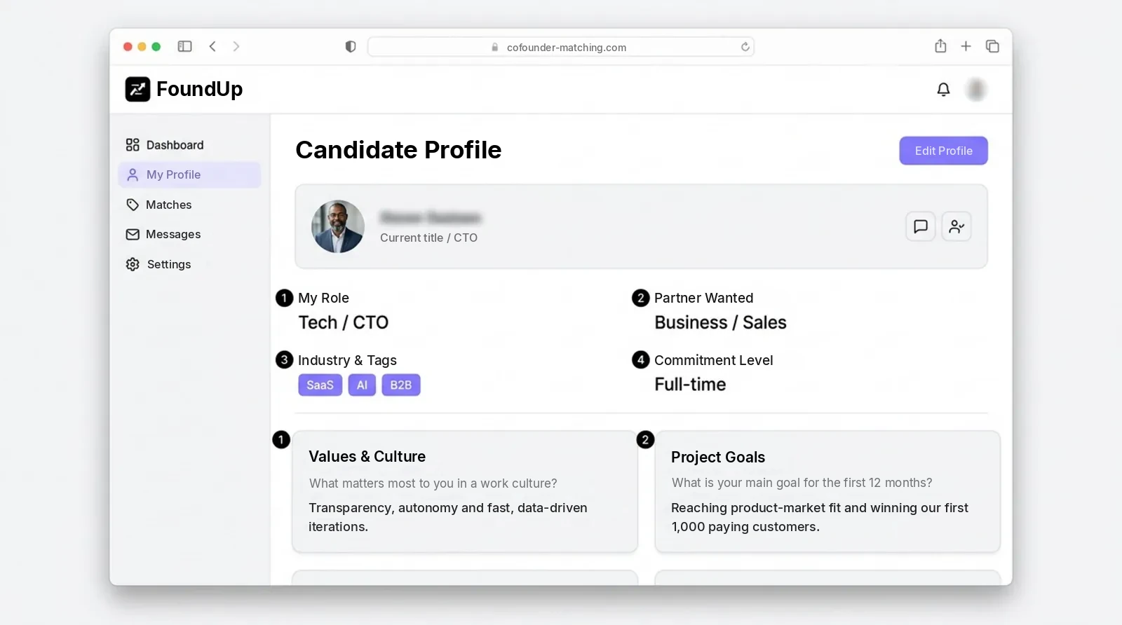 Sample candidate profile on a co-founder matching platform: CTO role, looking for a business partner, full-time